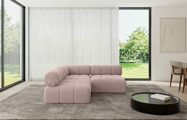 Bezug: Cord, Farbe: Rosa - Poso 145, Stellvariante: Ottomane Links, Stoffbeschreibung: POSO ist ein angenehm anzufühlender Velours mit Kordstruktur (35000 MartindaleZyklen) und leicht zu reinigender Möbellstoff, lichtecht (5) und pillingarm (5), Gewicht 380 g/m2 ±5%, Materialzusammensetzung: 90% Polyseter, 10% Nylon, Pilling Resistenz: 5, Abriebfestigkeit: 5, Scheuerbeständigkeit: 30000 Martindale-Zyklen, Zimmer: Wohnzimmer, Tiefe: 190 cm, Breite: 190 cm, Höhe: 70 cm, Anzahl der Sitzflächen: 4, Sitzfüllung: Wellenfeder, Art der Rückenkissen: Rückenlehne - feste, Annzahl der Sitzkissen: 2, Breite der Ottomane: 95 cm, Tiefe der Ottomane: 190 cm, Tiefe der Sitzfläche: 65 cm, Sitzhöhe: 40 cm, Schlaffunktion: Ohne Schlaffunktion - 1