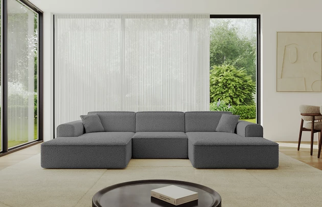 Bezug: Bouclé, Farbe: Grau - Quelle 92, Stellvariante: U-Form, Stoffbeschreibung: Polsterstoff Quelle: hochwertiger Bouclé Stoff, strapazierfähig, atmungsaktiv und pflegeleicht. (80.000 Martindale-Zyklen) 100 % PES, pillingarm(4-5), Gewicht 315 g/m² ±5 %, Materialzusammensetzung: 100% Polyseter, Pilling Resistenz: 5, Abriebfestigkeit: 5, Scheuerbeständigkeit: 80000 Martindale-Zyklen, Ausstattung: Kissen, Zimmer: Wohnzimmer, Tiefe: 165 cm, Breite: 301 cm, Höhe: 80 cm, Anzahl der Sitzflächen: 4, Sitzfüllung: Wellenfeder + HR35 und T30-Schaum, Art der Rückenkissen: Rückenlehne - feste, Annzahl der Sitzkissen: 3, Anzahl der Zierkissen: 2, Breite der Armlehnen: 25 cm, Höhe der Armlehnen: 58 cm, Breite der Ottomane: 108 cm, Tiefe der Ottomane: 143 cm, Tiefe der Sitzfläche: 62 cm, Sitzhöhe: 44 cm, Schlaffunktion: Ohne Schlaffunktion - 1