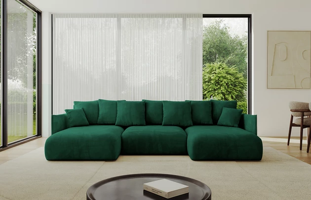 Bezug: Samt, Farbe: Grün - Dream Velvet 202.31, Stellvariante: U-Form, Stoffbeschreibung: Polsterstoff Dream Velvet: Wasserabweisender und leicht zu reinigender Möbelstoff, scheuerfest (30.000 Martindale-Zyklen) lichtecht (6) und pillingarm (4-5), aus 100 % PES, Gewicht 360 g/m2 ±5 %, Materialzusammensetzung: 100% Polyseter, Pilling Resistenz: 4, Abriebfestigkeit: 5, Scheuerbeständigkeit: 100000 Martindale-Zyklen, Ausstattung: Kissen, Zimmer: Wohnzimmer, Tiefe: 177 cm, Breite: 317 cm, Höhe: 72 cm, Länge der Schlaffläche: 303 cm, Breite der Schlaffläche: 158-cm, Liegehöhe: 42 cm, Anzahl der Sitzflächen: 6, Sitzfüllung: Wellenfeder + HR35 und T30-Schaum, Anzahl der Rückenkissen: 7, Art der Rückenkissen: Rückenkissen, Annzahl der Sitzkissen: 3, Anzahl der Zierkissen: 2, Material der Füße: Kunststoff, Höhe der Füße: 5 cm, Farbe der Füße: Schwarz, Tiefe der Armlehnen: 123 cm, Breite der Armlehnen: 7 cm, Höhe der Armlehnen: 60 cm, Breite der Ottomane: 101 cm, Tiefe der Ottomane: 158 cm, Tiefe der Sitzfläche: 114 cm, Sitzhöhe: 42 cm, Art des Stauraumes: Innenfach geschlossen - 1