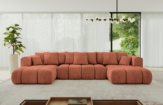 Bezug: Samt, Farbe: Apricot - Dream Velvet 202.07, Stellvariante: U-Form, Stoffbeschreibung: Polsterstoff Dream Velvet: Wasserabweisender und leicht zu reinigender Möbelstoff, scheuerfest (30.000 Martindale-Zyklen) lichtecht (6) und pillingarm (4-5), aus 100 % PES, Gewicht 360 g/m2 ±5 %, Materialzusammensetzung: 100% Polyseter, Pilling Resistenz: 4, Abriebfestigkeit: 5, Scheuerbeständigkeit: 100000 Martindale-Zyklen, Zimmer: Wohnzimmer, Tiefe: 185 cm, Breite: 185 cm, Höhe: 90 cm, Länge der Schlaffläche: 340 cm, Breite der Schlaffläche: 140 cm, Liegehöhe: 42 cm, Anzahl der Sitzflächen: 6, Sitzfüllung: Wellenfeder + HR35 und T30-Schaum, Anzahl der Rückenkissen: 9, Art der Rückenkissen: Rückenkissen, Annzahl der Sitzkissen: 3, Anzahl der Zierkissen: 2, Material der Füße: Kunststoff, Höhe der Füße: 1,5 cm, Tiefe der Armlehnen: 100 cm, Breite der Armlehnen: 22 cm, Höhe der Armlehnen: 63 cm, Breite der Ottomane: 120 cm, Tiefe der Ottomane: 150 cm, Tiefe der Sitzfläche: 70 cm, Sitzhöhe: 42 cm, Art des Stauraumes: Innenfach geschlossen, Schlaffunktion: Mit Schlaffunktion - 1