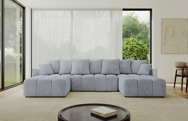 Bezug: Samt, Farbe: Grau - Dream Velvet 202.17, Stellvariante: U-Form, Stoffbeschreibung: Polsterstoff Dream Velvet: Wasserabweisender und leicht zu reinigender Möbelstoff, scheuerfest (30.000 Martindale-Zyklen) lichtecht (6) und pillingarm (4-5), aus 100 % PES, Gewicht 360 g/m2 ±5 %, Materialzusammensetzung: 100% Polyseter, Pilling Resistenz: 4, Abriebfestigkeit: 5, Scheuerbeständigkeit: 100000 Martindale-Zyklen, Ausstattung: Kissen, Zimmer: Wohnzimmer, Tiefe: 189 cm, Breite: 355 cm, Höhe: 68 cm, Länge der Schlaffläche: 341 cm, Breite der Schlaffläche: 159 cm, Liegehöhe: 45 cm, Anzahl der Sitzflächen: 6, Sitzfüllung: Wellenfeder + HR35 und T30-Schaum, Anzahl der Rückenkissen: 7, Art der Rückenkissen: Rückenkissen, Annzahl der Sitzkissen: 3, Anzahl der Zierkissen: 2, Tiefe der Armlehnen: 104 cm, Breite der Armlehnen: 7 cm, Höhe der Armlehnen: 63 cm, Breite der Ottomane: 104 cm, Tiefe der Ottomane: 173 cm, Tiefe der Sitzfläche: 88 cm, Sitzhöhe: 45 cm, Art des Stauraumes: Innenfach geschlossen, Schlaffunktion: Mit Schlaffunktion - 1