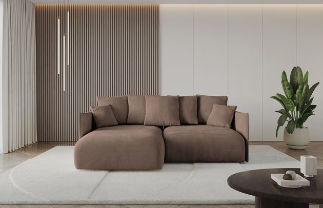 Bezug: Samt, Farbe: Braun - Dream Velvet 202.37, Stellvariante: Ottomane Links, Stoffbeschreibung: Polsterstoff Dream Velvet: Wasserabweisender und leicht zu reinigender Möbelstoff, scheuerfest (30.000 Martindale-Zyklen) lichtecht (6) und pillingarm (4-5), aus 100 % PES, Gewicht 360 g/m2 ±5 %, Materialzusammensetzung: 100% Polyseter, Pilling Resistenz: 4, Abriebfestigkeit: 4, Scheuerbeständigkeit: 100000 Martindale-Zyklen, Ausstattung: Kissen, Zimmer: Wohnzimmer, Tiefe: 177 cm, Breite: 216 cm, Höhe: 72 cm, Länge der Schlaffläche: 202 cm, Breite der Schlaffläche: 158 cm, Liegehöhe: 42 cm, Anzahl der Sitzflächen: 4, Anzahl der Rückenkissen: 5, Art der Rückenkissen: Rückenkissen, Annzahl der Sitzkissen: 2, Anzahl der Zierkissen: 2, Tiefe der Armlehnen: 123 cm, Breite der Armlehnen: 7 cm, Höhe der Armlehnen: 60 cm, Breite der Ottomane: 101 cm, Tiefe der Ottomane: 158 cm, Tiefe der Sitzfläche: 114 cm, Sitzhöhe: 42 cm, Art des Stauraumes: Innenfach geschlossen, Material der Füße: Kunststoff, Höhe der Füße: 5 cm, Farbe der Füße: Schwarz, Schlaffunktion: Mit Schlaffunktion - 1