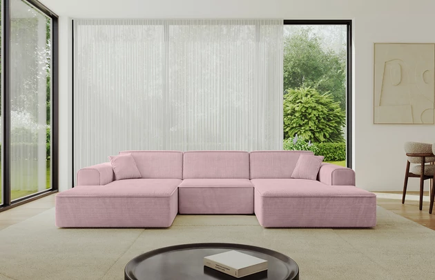 Bezug: Cord, Farbe: Rosa - Poso 145, Stellvariante: U-Form, Stoffbeschreibung: POSO ist ein angenehm anzufühlender Velours mit Kordstruktur (35000 MartindaleZyklen) und leicht zu reinigender Möbellstoff, lichtecht (5) und pillingarm (5), Gewicht 380 g/m2 ±5%, Materialzusammensetzung: 90% Polyseter, 10% Nylon, Pilling Resistenz: 5, Abriebfestigkeit: 5, Scheuerbeständigkeit: 30000 Martindale-Zyklen, Ausstattung: Kissen, Zimmer: Wohnzimmer, Tiefe: 165 cm, Breite: 301 cm, Höhe: 80 cm, Anzahl der Sitzflächen: 4, Sitzfüllung: Wellenfeder + HR35 und T30-Schaum, Art der Rückenkissen: Rückenlehne - feste, Annzahl der Sitzkissen: 3, Anzahl der Zierkissen: 2, Breite der Armlehnen: 25 cm, Höhe der Armlehnen: 58 cm, Breite der Ottomane: 108 cm, Tiefe der Ottomane: 143 cm, Tiefe der Sitzfläche: 62 cm, Sitzhöhe: 44 cm, Schlaffunktion: Ohne Schlaffunktion - 1