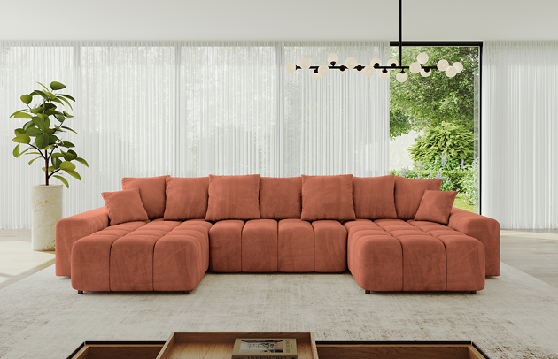 Bezug: Samt, Farbe: Apricot - Dream Velvet 202.07, Stellvariante: U-Form, Stoffbeschreibung: Polsterstoff Dream Velvet: Wasserabweisender und leicht zu reinigender Möbelstoff, scheuerfest (30.000 Martindale-Zyklen) lichtecht (6) und pillingarm (4-5), aus 100 % PES, Gewicht 360 g/m2 ±5 %, Materialzusammensetzung: 100% Polyseter, Pilling Resistenz: 4, Abriebfestigkeit: 5, Scheuerbeständigkeit: 100000 Martindale-Zyklen, Zimmer: Wohnzimmer, Tiefe: 189 cm, Breite: 401 cm, Höhe: 68 cm, Länge der Schlaffläche: 341 cm, Breite der Schlaffläche: 159 cm, Liegehöhe: 43 cm, Anzahl der Sitzflächen: 6, Sitzfüllung: Wellenfeder + HR35 und T30-Schaum, Anzahl der Rückenkissen: 6, Art der Rückenkissen: Rückenkissen, Annzahl der Sitzkissen: 3, Anzahl der Zierkissen: 2, Material der Füße: Kunststoff, Höhe der Füße: 5 cm, Tiefe der Armlehnen: 124 cm, Breite der Armlehnen: 30 cm, Höhe der Armlehnen: 55 cm, Breite der Ottomane: 104 cm, Tiefe der Ottomane: 173 cm, Tiefe der Sitzfläche: 88 cm, Sitzhöhe: 45 cm, Art des Stauraumes: Innenfach geschlossen, Schlaffunktion: Mit Schlaffunktion - 1