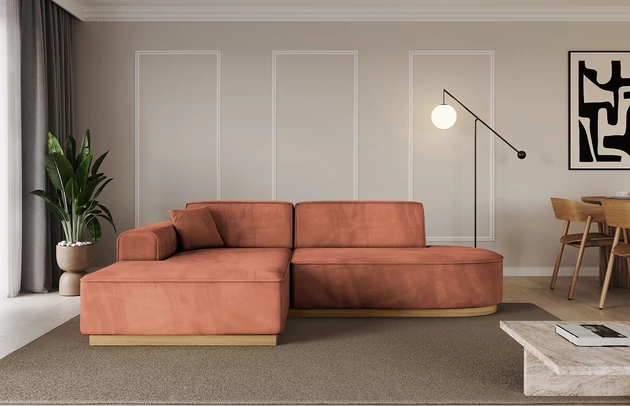 Bezug: Samt, Farbe: Apricot - Dream Velvet 202.07, Stellvariante: Ottomane Links, Stoffbeschreibung: Polsterstoff Dream Velvet: Wasserabweisender und leicht zu reinigender Möbelstoff, scheuerfest (30.000 Martindale-Zyklen) lichtecht (6) und pillingarm (4-5), aus 100 % PES, Gewicht 360 g/m2 ±5 %, Materialzusammensetzung: 100% Polyseter, Pilling Resistenz: 4.maj, Abriebfestigkeit: 5, Scheuerbeständigkeit: 30000 Martindale-Zyklen, Ausstattung: Kissen, Zimmer: Wohnzimmer, Tiefe: 165 cm, Breite: 232 cm, Höhe: 80 cm, Anzahl der Sitzflächen: 3, Sitzfüllung: Wellenfeder + T30-Schaum, Art der Rückenkissen: Rückenlehne - feste, Annzahl der Sitzkissen: 2, Anzahl der Zierkissen: 1, Breite der Armlehnen: 25 cm, Höhe der Armlehnen: 58 cm, Breite der Ottomane: 108 cm, Tiefe der Ottomane: 143 cm, Tiefe der Sitzfläche: 62 cm, Sitzhöhe: 44 cm, Schlaffunktion: Ohne Schlaffunktion - 1