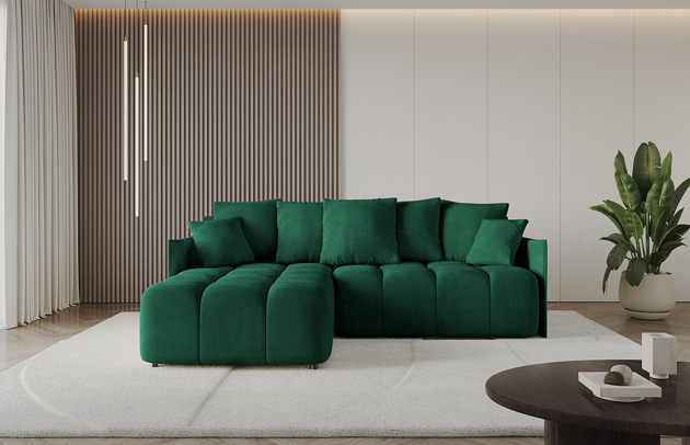 Bezug: Samt, Farbe: Grün - Dream Velvet 202.31, Stellvariante: Ottomane Links, Stoffbeschreibung: Polsterstoff Dream Velvet: Wasserabweisender und leicht zu reinigender Möbelstoff, scheuerfest (30.000 Martindale-Zyklen) lichtecht (6) und pillingarm (4-5), aus 100 % PES, Gewicht 360 g/m2 ±5 %, Materialzusammensetzung: 100% Polyseter, Pilling Resistenz: 4, Abriebfestigkeit: 5, Scheuerbeständigkeit: 100000 Martindale-Zyklen, Ausstattung: Kissen, Zimmer: Wohnzimmer, Tiefe: 189 cm, Breite: 251 cm, Höhe: 68 cm, Länge der Schlaffläche: 237 cm, Breite der Schlaffläche: 159 cm, Liegehöhe: 45 cm, Anzahl der Sitzflächen: 4, Sitzfüllung: Wellenfeder + HR35 und T30-Schaum, Anzahl der Rückenkissen: 5, Art der Rückenkissen: Rückenkissen, Annzahl der Sitzkissen: 2, Anzahl der Zierkissen: 2, Tiefe der Armlehnen: 104 cm, Breite der Armlehnen: 7 cm, Höhe der Armlehnen: 63 cm, Breite der Ottomane: 104 cm, Tiefe der Ottomane: 173 cm, Tiefe der Sitzfläche: 88 cm, Sitzhöhe: 45 cm, Art des Stauraumes: Innenfach geschlossen, Schlaffunktion: Mit Schlaffunktion - 1