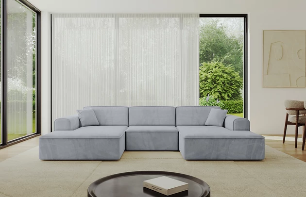 Bezug: Samt, Farbe: Grau - Dream Velvet 202.17, Stellvariante: U-Form, Stoffbeschreibung: Polsterstoff Dream Velvet: Wasserabweisender und leicht zu reinigender Möbelstoff, scheuerfest (30.000 Martindale-Zyklen) lichtecht (6) und pillingarm (4-5), aus 100 % PES, Gewicht 360 g/m2 ±5 %, Materialzusammensetzung: 100% Polyseter, Pilling Resistenz: 4.maj, Abriebfestigkeit: 5, Scheuerbeständigkeit: 30000 Martindale-Zyklen, Ausstattung: Kissen, Zimmer: Wohnzimmer, Tiefe: 165 cm, Breite: 301 cm, Höhe: 80 cm, Anzahl der Sitzflächen: 4, Sitzfüllung: Wellenfeder + HR35 und T30-Schaum, Art der Rückenkissen: Rückenlehne - feste, Annzahl der Sitzkissen: 3, Anzahl der Zierkissen: 2, Breite der Armlehnen: 25 cm, Höhe der Armlehnen: 58 cm, Breite der Ottomane: 108 cm, Tiefe der Ottomane: 143 cm, Tiefe der Sitzfläche: 62 cm, Sitzhöhe: 44 cm, Schlaffunktion: Ohne Schlaffunktion - 1