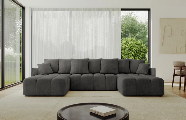 Bezug: Samt, Farbe: Dunkelgrau - Dream Velvet 202.13, Stellvariante: U-Form, Stoffbeschreibung: Polsterstoff Dream Velvet: Wasserabweisender und leicht zu reinigender Möbelstoff, scheuerfest (30.000 Martindale-Zyklen) lichtecht (6) und pillingarm (4-5), aus 100 % PES, Gewicht 360 g/m2 ±5 %, Materialzusammensetzung: 100% Polyseter, Pilling Resistenz: 4, Abriebfestigkeit: 5, Scheuerbeständigkeit: 100000 Martindale-Zyklen, Ausstattung: Kissen, Zimmer: Wohnzimmer, Tiefe: 189 cm, Breite: 355 cm, Höhe: 68 cm, Länge der Schlaffläche: 341 cm, Breite der Schlaffläche: 159-cm, Liegehöhe: 45 cm, Anzahl der Sitzflächen: 6, Sitzfüllung: Wellenfeder + HR35 und T30-Schaum, Anzahl der Rückenkissen: 7, Art der Rückenkissen: Rückenkissen, Annzahl der Sitzkissen: 3, Anzahl der Zierkissen: 2, Tiefe der Armlehnen: 104 cm, Breite der Armlehnen: 7 cm, Höhe der Armlehnen: 63 cm, Breite der Ottomane: 104 cm, Tiefe der Ottomane: 173 cm, Tiefe der Sitzfläche: 88 cm, Sitzhöhe: 45 cm, Art des Stauraumes: Innenfach geschlossen - 1