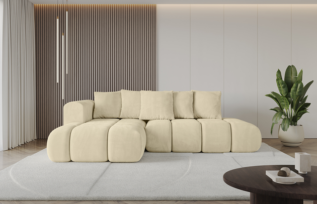 Bezug: Samt, Farbe: Beige - Dream Velvet 202.02, Stellvariante: Ottomane Links, Stoffbeschreibung: Polsterstoff Dream Velvet: Wasserabweisender und leicht zu reinigender Möbelstoff, scheuerfest (30.000 Martindale-Zyklen) lichtecht (6) und pillingarm (4-5), aus 100 % PES, Gewicht 360 g/m2 ±5 %, Materialzusammensetzung: 100% Polyseter, Pilling Resistenz: 4, Abriebfestigkeit: 5, Scheuerbeständigkeit: 100000 Martindale-Zyklen, Zimmer: Wohnzimmer, Tiefe: 185 cm, Breite: 185 cm, Höhe: 90 cm, Länge der Schlaffläche: 240 cm, Breite der Schlaffläche: 140 cm, Liegehöhe: 42 cm, Anzahl der Sitzflächen: 4, Anzahl der Rückenkissen: 5, Art der Rückenkissen: Rückenkissen, Annzahl der Sitzkissen: 2, Material der Füße: Kunststoff, Höhe der Füße: 1,5 cm, Tiefe der Armlehnen: 100 cm, Breite der Armlehnen: 22 cm, Höhe der Armlehnen: 63 cm, Breite der Ottomane: 120 cm, Tiefe der Ottomane: 150 cm, Tiefe der Sitzfläche: 70 cm, Sitzhöhe: 42 cm, Art des Stauraumes: Innenfach geschlossen, Ausstattung: Nicht zutreffend, Anzahl der Zierkissen: Nicht zutreffend, Schlaffunktion: Mit Schlaffunktion - 1