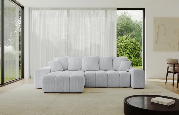 Bezug: Cord, Farbe: Grau - Poso 110, Stellvariante: Ottomane Links, Stoffbeschreibung: POSO ist ein angenehm anzufühlender Velours mit Kordstruktur (35000 MartindaleZyklen) und leicht zu reinigender Möbellstoff, lichtecht (5) und pillingarm (5), Gewicht 380 g/m2 ±5%, Materialzusammensetzung: 90% Polyseter, 10% Nylon, Pilling Resistenz: 5, Abriebfestigkeit: 4, Scheuerbeständigkeit: 30000 Martindale-Zyklen, Ausstattung: Kissen, Zimmer: Wohnzimmer, Tiefe: 189 cm, Breite: 297 cm, Höhe: 68 cm, Länge der Schlaffläche: 237 cm, Breite der Schlaffläche: 159-cm, Liegehöhe: 43 cm, Anzahl der Sitzflächen: 4, Sitzfüllung: Wellenfeder + HR35 und T30-Schaum, Anzahl der Rückenkissen: 5, Art der Rückenkissen: Rückenkissen, Annzahl der Sitzkissen: 2, Anzahl der Zierkissen: 2, Tiefe der Armlehnen: 124 cm, Breite der Armlehnen: 30 cm, Höhe der Armlehnen: 55 cm, Breite der Ottomane: 104 cm, Tiefe der Ottomane: 173 cm, Tiefe der Sitzfläche: 88 cm, Sitzhöhe: 45 cm, Art des Stauraumes: Innenfach geschlossen, Material der Füße: Kunststoff, Farbe der Füße: Schwarz - 1