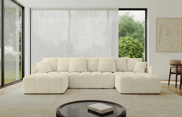 Bezug: Bouclé, Farbe: Beige - Quelle 02, Stellvariante: U-Form, Stoffbeschreibung: Polsterstoff Quelle: hochwertiger Bouclé Stoff, strapazierfähig, atmungsaktiv und pflegeleicht. (80.000 Martindale-Zyklen) 100 % PES, pillingarm(4-5), Gewicht 315 g/m² ±5 %, Materialzusammensetzung: 100% Polyseter, Pilling Resistenz: 5, Abriebfestigkeit: 5, Scheuerbeständigkeit: 80000 Martindale-Zyklen, Ausstattung: Kissen, Zimmer: Wohnzimmer, Tiefe: 189 cm, Breite: 355 cm, Höhe: 68 cm, Länge der Schlaffläche: 341 cm, Breite der Schlaffläche: 159-cm, Liegehöhe: 45 cm, Anzahl der Sitzflächen: 6, Sitzfüllung: Wellenfeder + HR35 und T30-Schaum, Anzahl der Rückenkissen: 7, Art der Rückenkissen: Rückenkissen, Annzahl der Sitzkissen: 3, Anzahl der Zierkissen: 2, Tiefe der Armlehnen: 104 cm, Breite der Armlehnen: 7 cm, Höhe der Armlehnen: 63 cm, Breite der Ottomane: 104 cm, Tiefe der Ottomane: 173 cm, Tiefe der Sitzfläche: 88 cm, Sitzhöhe: 45 cm, Art des Stauraumes: Innenfach geschlossen - 1