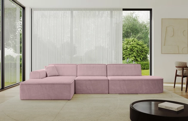 Bezug: Cord, Farbe: Rosa - Poso 145, Stellvariante: Ottomane Links, Stoffbeschreibung: POSO ist ein angenehm anzufühlender Velours mit Kordstruktur (35000 MartindaleZyklen) und leicht zu reinigender Möbellstoff, lichtecht (5) und pillingarm (5), Gewicht 380 g/m2 ±5%, Materialzusammensetzung: 90% Polyseter, 10% Nylon, Pilling Resistenz: 5, Abriebfestigkeit: 5, Scheuerbeständigkeit: 30000, Ausstattung: Kissen, Zimmer: Wohnzimmer, Tiefe: 165 cm, Breite: 327 cm, Höhe: 77 cm, Anzahl der Sitzflächen: 4, Sitzfüllung: Wellenfeder + T30-Schaum, Art der Rückenkissen: Rückenlehne - feste, Annzahl der Sitzkissen: 3, Anzahl der Zierkissen: 1, Breite der Armlehnen: 25 cm, Höhe der Armlehnen: 58 cm, Breite der Ottomane: 108 cm, Tiefe der Ottomane: 143 cm, Tiefe der Sitzfläche: 62 cm, Sitzhöhe: 41 cm, Schlaffunktion: Ohne Schlaffunktion - 1