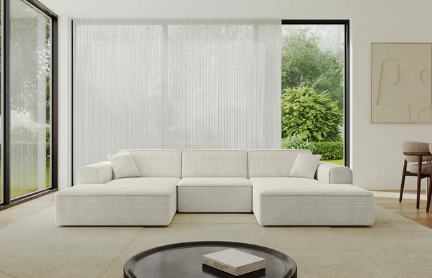 Bezug: Cord, Farbe: Cremeweiß - Poso 100, Stellvariante: U-Form, Stoffbeschreibung: POSO ist ein angenehm anzufühlender Velours mit Kordstruktur (35000 MartindaleZyklen) und leicht zu reinigender Möbellstoff, lichtecht (5) und pillingarm (5), Gewicht 380 g/m2 ±5%, Materialzusammensetzung: 90% Polyseter, 10% Nylon, Pilling Resistenz: 5, Abriebfestigkeit: 5, Scheuerbeständigkeit: 30000 Martindale-Zyklen, Ausstattung: Kissen, Zimmer: Wohnzimmer, Tiefe: 165 cm, Breite: 301 cm, Höhe: 80 cm, Anzahl der Sitzflächen: 4, Sitzfüllung: Wellenfeder + HR35 und T30-Schaum, Art der Rückenkissen: Rückenlehne - feste, Annzahl der Sitzkissen: 3, Anzahl der Zierkissen: 2, Breite der Armlehnen: 25 cm, Höhe der Armlehnen: 58 cm, Breite der Ottomane: 108 cm, Tiefe der Ottomane: 143 cm, Tiefe der Sitzfläche: 62 cm, Sitzhöhe: 44 cm, Schlaffunktion: Ohne Schlaffunktion - 1