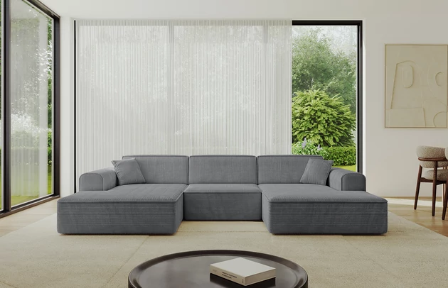 Bezug: Cord, Farbe: Dunkelgrau - Poso 115, Stellvariante: U-Form, Stoffbeschreibung: POSO ist ein angenehm anzufühlender Velours mit Kordstruktur (35000 MartindaleZyklen) und leicht zu reinigender Möbellstoff, lichtecht (5) und pillingarm (5), Gewicht 380 g/m2 ±5%, Materialzusammensetzung: 90% Polyseter, 10% Nylon, Pilling Resistenz: 5, Abriebfestigkeit: 5, Scheuerbeständigkeit: 30000 Martindale-Zyklen, Ausstattung: Kissen, Zimmer: Wohnzimmer, Tiefe: 165 cm, Breite: 301 cm, Höhe: 80 cm, Anzahl der Sitzflächen: 4, Sitzfüllung: Wellenfeder + HR35 und T30-Schaum, Art der Rückenkissen: Rückenlehne - feste, Annzahl der Sitzkissen: 3, Anzahl der Zierkissen: 2, Breite der Armlehnen: 25 cm, Höhe der Armlehnen: 58 cm, Breite der Ottomane: 108 cm, Tiefe der Ottomane: 143 cm, Tiefe der Sitzfläche: 62 cm, Sitzhöhe: 44 cm, Schlaffunktion: Ohne Schlaffunktion - 1