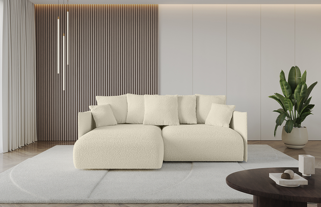 Bezug: Bouclé, Farbe: Beige - Quelle 02, Stellvariante: Ottomane Links, Stoffbeschreibung: Polsterstoff Quelle: hochwertiger Bouclé Stoff, strapazierfähig, atmungsaktiv und pflegeleicht. (80.000 Martindale-Zyklen) 100 % PES, pillingarm(4-5), Gewicht 315 g/m² ±5 %, Materialzusammensetzung: 100% Polyseter, Pilling Resistenz: 5, Abriebfestigkeit: 4, Scheuerbeständigkeit: 80000 Martindale-Zyklen, Ausstattung: Kissen, Zimmer: Wohnzimmer, Tiefe: 177 cm, Breite: 216 cm, Höhe: 72 cm, Länge der Schlaffläche: 202 cm, Breite der Schlaffläche: 158 cm, Liegehöhe: 42 cm, Anzahl der Sitzflächen: 4, Anzahl der Rückenkissen: 5, Art der Rückenkissen: Rückenkissen, Annzahl der Sitzkissen: 2, Anzahl der Zierkissen: 2, Tiefe der Armlehnen: 123 cm, Breite der Armlehnen: 7 cm, Höhe der Armlehnen: 60 cm, Breite der Ottomane: 101 cm, Tiefe der Ottomane: 158 cm, Tiefe der Sitzfläche: 114 cm, Sitzhöhe: 42 cm, Art des Stauraumes: Innenfach geschlossen, Material der Füße: Kunststoff, Höhe der Füße: 5 cm, Farbe der Füße: Schwarz, Schlaffunktion: Mit Schlaffunktion - 1