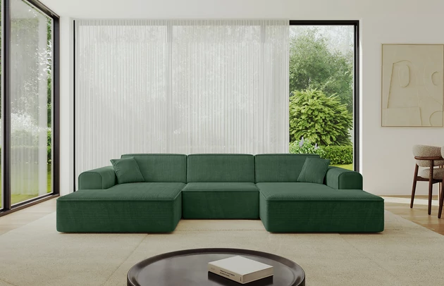 Bezug: Cord, Farbe: Grün - Poso 14, Stellvariante: U-Form, Stoffbeschreibung: POSO ist ein angenehm anzufühlender Velours mit Kordstruktur (35000 MartindaleZyklen) und leicht zu reinigender Möbellstoff, lichtecht (5) und pillingarm (5), Gewicht 380 g/m2 ±5%, Materialzusammensetzung: 90% Polyseter, 10% Nylon, Pilling Resistenz: 5, Abriebfestigkeit: 5, Scheuerbeständigkeit: 30000 Martindale-Zyklen, Ausstattung: Kissen, Zimmer: Wohnzimmer, Tiefe: 165 cm, Breite: 301 cm, Höhe: 80 cm, Anzahl der Sitzflächen: 4, Sitzfüllung: Wellenfeder + HR35 und T30-Schaum, Art der Rückenkissen: Rückenlehne - feste, Annzahl der Sitzkissen: 3, Anzahl der Zierkissen: 2, Breite der Armlehnen: 25 cm, Höhe der Armlehnen: 58 cm, Breite der Ottomane: 108 cm, Tiefe der Ottomane: 143 cm, Tiefe der Sitzfläche: 62 cm, Sitzhöhe: 44 cm, Schlaffunktion: Ohne Schlaffunktion - 1