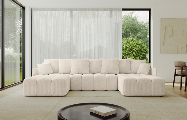 Bezug: Cord, Farbe: Beige - Poso 105, Stellvariante: U-Form, Stoffbeschreibung: POSO ist ein angenehm anzufühlender Velours mit Kordstruktur (35000 MartindaleZyklen) und leicht zu reinigender Möbellstoff, lichtecht (5) und pillingarm (5), Gewicht 380 g/m2 ±5%, Materialzusammensetzung: 90% Polyseter, 10% Nylon, Pilling Resistenz: 5, Abriebfestigkeit: 5, Scheuerbeständigkeit: 30000 Martindale-Zyklen, Ausstattung: Kissen, Zimmer: Wohnzimmer, Tiefe: 189 cm, Breite: 355 cm, Höhe: 68 cm, Länge der Schlaffläche: 341 cm, Breite der Schlaffläche: 159-cm, Liegehöhe: 45 cm, Anzahl der Sitzflächen: 6, Sitzfüllung: Wellenfeder + HR35 und T30-Schaum, Anzahl der Rückenkissen: 7, Art der Rückenkissen: Rückenkissen, Annzahl der Sitzkissen: 3, Anzahl der Zierkissen: 2, Tiefe der Armlehnen: 104 cm, Breite der Armlehnen: 7 cm, Höhe der Armlehnen: 63 cm, Breite der Ottomane: 104 cm, Tiefe der Ottomane: 173 cm, Tiefe der Sitzfläche: 88 cm, Sitzhöhe: 45 cm, Art des Stauraumes: Innenfach geschlossen - 1