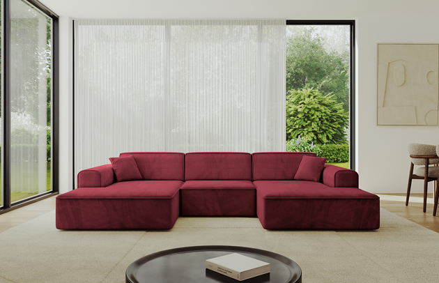 Bezug: Samt, Farbe: Bordeauxrot - Dream Velvet 202.11, Stellvariante: U-Form, Stoffbeschreibung: Polsterstoff Dream Velvet: Wasserabweisender und leicht zu reinigender Möbelstoff, scheuerfest (30.000 Martindale-Zyklen) lichtecht (6) und pillingarm (4-5), aus 100 % PES, Gewicht 360 g/m2 ±5 %, Materialzusammensetzung: 100% Polyseter, Pilling Resistenz: 4.maj, Abriebfestigkeit: 5, Scheuerbeständigkeit: 30000 Martindale-Zyklen, Ausstattung: Kissen, Zimmer: Wohnzimmer, Tiefe: 165 cm, Breite: 301 cm, Höhe: 80 cm, Anzahl der Sitzflächen: 4, Art der Rückenkissen: Rückenlehne - feste, Annzahl der Sitzkissen: 3, Anzahl der Zierkissen: 2, Breite der Armlehnen: 25 cm, Höhe der Armlehnen: 58 cm, Breite der Ottomane: 108 cm, Tiefe der Ottomane: 143 cm, Tiefe der Sitzfläche: 62 cm, Sitzhöhe: 44 cm, Schlaffunktion: Ohne Schlaffunktion - 1