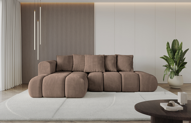 Bezug: Samt, Farbe: Braun - Dream Velvet 202.37, Stellvariante: Ottomane Links, Stoffbeschreibung: Polsterstoff Dream Velvet: Wasserabweisender und leicht zu reinigender Möbelstoff, scheuerfest (30.000 Martindale-Zyklen) lichtecht (6) und pillingarm (4-5), aus 100 % PES, Gewicht 360 g/m2 ±5 %, Materialzusammensetzung: 100% Polyseter, Pilling Resistenz: 4, Abriebfestigkeit: 5, Scheuerbeständigkeit: 100000 Martindale-Zyklen, Zimmer: Wohnzimmer, Tiefe: 185 cm, Breite: 185 cm, Höhe: 90 cm, Länge der Schlaffläche: 240 cm, Breite der Schlaffläche: 140 cm, Liegehöhe: 42 cm, Anzahl der Sitzflächen: 4, Anzahl der Rückenkissen: 5, Art der Rückenkissen: Rückenkissen, Annzahl der Sitzkissen: 2, Material der Füße: Kunststoff, Höhe der Füße: 1,5 cm, Tiefe der Armlehnen: 100 cm, Breite der Armlehnen: 22 cm, Höhe der Armlehnen: 63 cm, Breite der Ottomane: 120 cm, Tiefe der Ottomane: 150 cm, Tiefe der Sitzfläche: 70 cm, Sitzhöhe: 42 cm, Art des Stauraumes: Innenfach geschlossen, Ausstattung: Nicht zutreffend, Anzahl der Zierkissen: Nicht zutreffend, Schlaffunktion: Mit Schlaffunktion - 1
