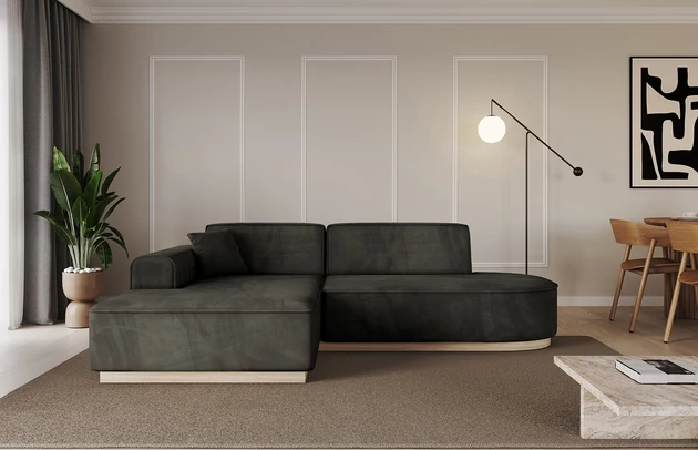 Bezug: Samt, Farbe: Schwarz - Dream Velvet 202.12, Stellvariante: Ottomane Links, Stoffbeschreibung: Polsterstoff Dream Velvet: Wasserabweisender und leicht zu reinigender Möbelstoff, scheuerfest (30.000 Martindale-Zyklen) lichtecht (6) und pillingarm (4-5), aus 100 % PES, Gewicht 360 g/m2 ±5 %, Materialzusammensetzung: 100% Polyseter, Pilling Resistenz: 4.maj, Abriebfestigkeit: 5, Scheuerbeständigkeit: 30000 Martindale-Zyklen, Ausstattung: 100000, Zimmer: Wohnzimmer, Tiefe: 165 cm, Breite: 232 cm, Höhe: 80 cm, Anzahl der Sitzflächen: 3, Sitzfüllung: Wellenfeder + T30-Schaum, Annzahl der Sitzkissen: ruckenlehne-feste, Anzahl der Zierkissen: 2, Breite der Armlehnen: 25 cm, Höhe der Armlehnen: 58 cm, Breite der Ottomane: 108 cm, Tiefe der Ottomane: 143 cm, Tiefe der Sitzfläche: 62 cm, Sitzhöhe: 44 cm, Schlaffunktion: Ohne Schlaffunktion - 1