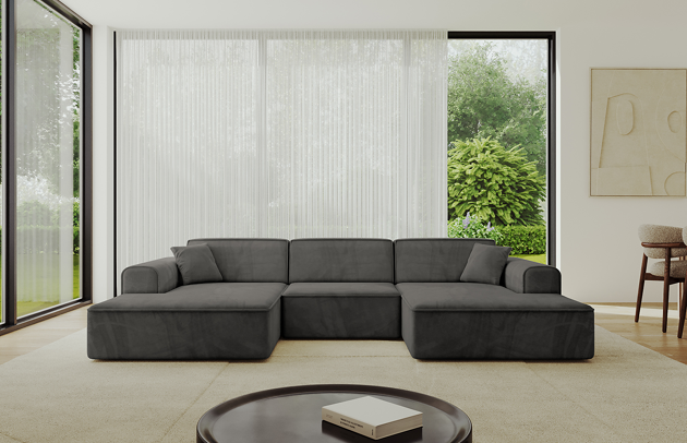 Bezug: Samt, Farbe: Dunkelgrau - Dream Velvet 202.13, Stellvariante: U-Form, Stoffbeschreibung: Polsterstoff Dream Velvet: Wasserabweisender und leicht zu reinigender Möbelstoff, scheuerfest (30.000 Martindale-Zyklen) lichtecht (6) und pillingarm (4-5), aus 100 % PES, Gewicht 360 g/m2 ±5 %, Materialzusammensetzung: 100% Polyseter, Pilling Resistenz: 4.maj, Abriebfestigkeit: 5, Scheuerbeständigkeit: 30000 Martindale-Zyklen, Ausstattung: Kissen, Zimmer: Wohnzimmer, Tiefe: 165 cm, Breite: 301 cm, Höhe: 80 cm, Anzahl der Sitzflächen: 4, Art der Rückenkissen: Rückenlehne - feste, Annzahl der Sitzkissen: 3, Anzahl der Zierkissen: 2, Breite der Armlehnen: 25 cm, Höhe der Armlehnen: 58 cm, Breite der Ottomane: 108 cm, Tiefe der Ottomane: 143 cm, Tiefe der Sitzfläche: 62 cm, Sitzhöhe: 44 cm, Schlaffunktion: Ohne Schlaffunktion - 1