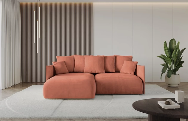 Bezug: Samt, Farbe: Apricot - Dream Velvet 202.07, Stellvariante: Ottomane Links, Stoffbeschreibung: Polsterstoff Dream Velvet: Wasserabweisender und leicht zu reinigender Möbelstoff, scheuerfest (30.000 Martindale-Zyklen) lichtecht (6) und pillingarm (4-5), aus 100 % PES, Gewicht 360 g/m2 ±5 %, Materialzusammensetzung: 100% Polyseter, Pilling Resistenz: 4, Abriebfestigkeit: 4, Scheuerbeständigkeit: 100000 Martindale-Zyklen, Ausstattung: Kissen, Zimmer: Wohnzimmer, Tiefe: 177 cm, Breite: 216 cm, Höhe: 72 cm, Länge der Schlaffläche: 202 cm, Breite der Schlaffläche: 158 cm, Liegehöhe: 42 cm, Anzahl der Sitzflächen: 4, Sitzfüllung: Wellenfeder + HR35 und T30-Schaum, Anzahl der Rückenkissen: 5, Art der Rückenkissen: Rückenkissen, Annzahl der Sitzkissen: 2, Anzahl der Zierkissen: 2, Tiefe der Armlehnen: 123 cm, Breite der Armlehnen: 7 cm, Höhe der Armlehnen: 60 cm, Breite der Ottomane: 101 cm, Tiefe der Ottomane: 158 cm, Tiefe der Sitzfläche: 114 cm, Sitzhöhe: 42 cm, Art des Stauraumes: Innenfach geschlossen, Material der Füße: Kunststoff, Höhe der Füße: 5 cm, Farbe der Füße: Schwarz - 1