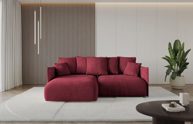 Bezug: Samt, Farbe: Bordeauxrot - Dream Velvet 202.11, Stellvariante: Ottomane Links, Stoffbeschreibung: Polsterstoff Dream Velvet: Wasserabweisender und leicht zu reinigender Möbelstoff, scheuerfest (30.000 Martindale-Zyklen) lichtecht (6) und pillingarm (4-5), aus 100 % PES, Gewicht 360 g/m2 ±5 %, Materialzusammensetzung: 100% Polyseter, Pilling Resistenz: 4, Abriebfestigkeit: 4, Scheuerbeständigkeit: 100000 Martindale-Zyklen, Ausstattung: Kissen, Zimmer: Wohnzimmer, Tiefe: 177 cm, Breite: 216 cm, Höhe: 72 cm, Länge der Schlaffläche: 202 cm, Breite der Schlaffläche: 158-cm, Liegehöhe: 42 cm, Anzahl der Sitzflächen: 4, Sitzfüllung: Wellenfeder + HR35 und T30-Schaum, Anzahl der Rückenkissen: 5, Art der Rückenkissen: Rückenkissen, Annzahl der Sitzkissen: 2, Anzahl der Zierkissen: 2, Tiefe der Armlehnen: 123 cm, Breite der Armlehnen: 7 cm, Höhe der Armlehnen: 60 cm, Breite der Ottomane: 101 cm, Tiefe der Ottomane: 158 cm, Tiefe der Sitzfläche: 114 cm, Sitzhöhe: 42 cm, Art des Stauraumes: Innenfach geschlossen, Material der Füße: Kunststoff, Höhe der Füße: 5 cm, Farbe der Füße: Schwarz - 1