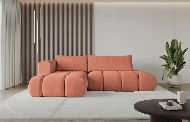 Bezug: Samt, Farbe: Apricot - Dream Velvet 202.07, Stellvariante: Ottomane Links, Stoffbeschreibung: Polsterstoff Dream Velvet: Wasserabweisender und leicht zu reinigender Möbelstoff, scheuerfest (30.000 Martindale-Zyklen) lichtecht (6) und pillingarm (4-5), aus 100 % PES, Gewicht 360 g/m2 ±5 %, Materialzusammensetzung: 100% Polyseter, Pilling Resistenz: 4, Abriebfestigkeit: 5, Scheuerbeständigkeit: 100000 Martindale-Zyklen, Zimmer: Wohnzimmer, Tiefe: 185 cm, Breite: 185 cm, Höhe: 90 cm, Länge der Schlaffläche: 240 cm, Breite der Schlaffläche: 140 cm, Liegehöhe: 42 cm, Anzahl der Sitzflächen: 4, Sitzfüllung: Wellenfeder + HR35 und T30-Schaum, Anzahl der Rückenkissen: 2, Art der Rückenkissen: Rückenkissen, Annzahl der Sitzkissen: 2, Material der Füße: Kunststoff, Höhe der Füße: 1,5 cm, Tiefe der Armlehnen: 100 cm, Breite der Armlehnen: 22 cm, Höhe der Armlehnen: 63 cm, Breite der Ottomane: 120 cm, Tiefe der Ottomane: 150 cm, Tiefe der Sitzfläche: 70 cm, Sitzhöhe: 42 cm, Art des Stauraumes: Innenfach geschlossen, Ausstattung: Nicht zutreffend, Anzahl der Zierkissen: Nicht zutreffend, Schlaffunktion: Mit Schlaffunktion - 1