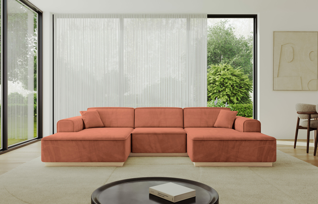 Bezug: Samt, Farbe: Apricot - Dream Velvet 202.07, Stellvariante: U-Form, Stoffbeschreibung: Polsterstoff Dream Velvet: Wasserabweisender und leicht zu reinigender Möbelstoff, scheuerfest (30.000 Martindale-Zyklen) lichtecht (6) und pillingarm (4-5), aus 100 % PES, Gewicht 360 g/m2 ±5 %, Materialzusammensetzung: 100% Polyseter, Pilling Resistenz: 4.maj, Abriebfestigkeit: 5, Scheuerbeständigkeit: 30000 Martindale-Zyklen, Ausstattung: Kissen, Zimmer: Wohnzimmer, Tiefe: 165 cm, Breite: 301 cm, Höhe: 80 cm, Anzahl der Sitzflächen: 4, Sitzfüllung: Wellenfeder + HR35 und T30-Schaum, Art der Rückenkissen: Rückenlehne - feste, Annzahl der Sitzkissen: 3, Anzahl der Zierkissen: 2, Breite der Armlehnen: 25 cm, Höhe der Armlehnen: 58 cm, Breite der Ottomane: 108 cm, Tiefe der Ottomane: 143 cm, Tiefe der Sitzfläche: 62 cm, Sitzhöhe: 44 cm, Schlaffunktion: Ohne Schlaffunktion - 1