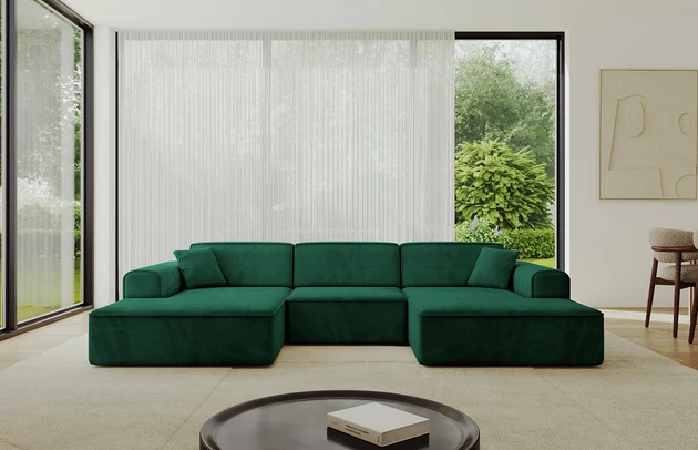 Bezug: Samt, Farbe: Grün - Dream Velvet 202.31, Stellvariante: U-Form, Stoffbeschreibung: Polsterstoff Dream Velvet: Wasserabweisender und leicht zu reinigender Möbelstoff, scheuerfest (30.000 Martindale-Zyklen) lichtecht (6) und pillingarm (4-5), aus 100 % PES, Gewicht 360 g/m2 ±5 %, Materialzusammensetzung: 100% Polyseter, Pilling Resistenz: 4.maj, Abriebfestigkeit: 5, Scheuerbeständigkeit: 30000 Martindale-Zyklen, Ausstattung: Kissen, Zimmer: Wohnzimmer, Tiefe: 165 cm, Breite: 301 cm, Höhe: 80 cm, Anzahl der Sitzflächen: 4, Sitzfüllung: Wellenfeder + HR35 und T30-Schaum, Art der Rückenkissen: Rückenlehne - feste, Annzahl der Sitzkissen: 3, Anzahl der Zierkissen: 2, Breite der Armlehnen: 25 cm, Höhe der Armlehnen: 58 cm, Breite der Ottomane: 108 cm, Tiefe der Ottomane: 143 cm, Tiefe der Sitzfläche: 62 cm, Sitzhöhe: 44 cm, Schlaffunktion: Ohne Schlaffunktion - 1