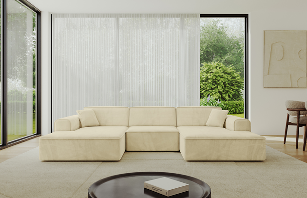Bezug: Samt, Farbe: Beige - Dream Velvet 202.02, Stellvariante: U-Form, Stoffbeschreibung: Polsterstoff Dream Velvet: Wasserabweisender und leicht zu reinigender Möbelstoff, scheuerfest (30.000 Martindale-Zyklen) lichtecht (6) und pillingarm (4-5), aus 100 % PES, Gewicht 360 g/m2 ±5 %, Materialzusammensetzung: 100% Polyseter, Pilling Resistenz: 4.maj, Abriebfestigkeit: 5, Scheuerbeständigkeit: 30000 Martindale-Zyklen, Ausstattung: Kissen, Zimmer: Wohnzimmer, Tiefe: 165 cm, Breite: 301 cm, Höhe: 80 cm, Anzahl der Sitzflächen: 4, Sitzfüllung: Wellenfeder + HR35 und T30-Schaum, Art der Rückenkissen: Rückenlehne - feste, Annzahl der Sitzkissen: 3, Anzahl der Zierkissen: 2, Breite der Armlehnen: 25 cm, Höhe der Armlehnen: 58 cm, Breite der Ottomane: 108 cm, Tiefe der Ottomane: 143 cm, Tiefe der Sitzfläche: 62 cm, Sitzhöhe: 44 cm, Schlaffunktion: Ohne Schlaffunktion - 1