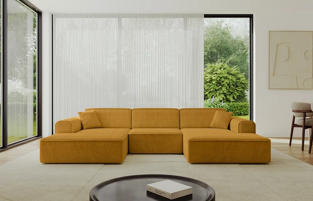 Bezug: Cord, Farbe: Senfgelb - Poso 42, Stellvariante: U-Form, Stoffbeschreibung: POSO ist ein angenehm anzufühlender Velours mit Kordstruktur (35000 MartindaleZyklen) und leicht zu reinigender Möbellstoff, lichtecht (5) und pillingarm (5), Gewicht 380 g/m2 ±5%, Materialzusammensetzung: 90% Polyseter, 10% Nylon, Pilling Resistenz: 5, Abriebfestigkeit: 5, Scheuerbeständigkeit: 30000 Martindale-Zyklen, Ausstattung: Kissen, Zimmer: Wohnzimmer, Tiefe: 165 cm, Breite: 301 cm, Höhe: 80 cm, Anzahl der Sitzflächen: 4, Sitzfüllung: Wellenfeder + HR35 und T30-Schaum, Art der Rückenkissen: Rückenlehne - feste, Annzahl der Sitzkissen: 3, Anzahl der Zierkissen: 2, Breite der Armlehnen: 25 cm, Höhe der Armlehnen: 58 cm, Breite der Ottomane: 108 cm, Tiefe der Ottomane: 143 cm, Tiefe der Sitzfläche: 62 cm, Sitzhöhe: 44 cm, Schlaffunktion: Ohne Schlaffunktion - 1