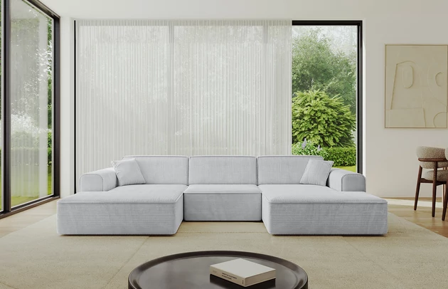 Bezug: Cord, Farbe: Grau - Poso 110, Stellvariante: U-Form, Stoffbeschreibung: POSO ist ein angenehm anzufühlender Velours mit Kordstruktur (35000 MartindaleZyklen) und leicht zu reinigender Möbellstoff, lichtecht (5) und pillingarm (5), Gewicht 380 g/m2 ±5%, Materialzusammensetzung: 90% Polyseter, 10% Nylon, Pilling Resistenz: 5, Abriebfestigkeit: 5, Scheuerbeständigkeit: 30000 Martindale-Zyklen, Ausstattung: Kissen, Zimmer: Wohnzimmer, Tiefe: 165 cm, Breite: 301 cm, Höhe: 80 cm, Anzahl der Sitzflächen: 4, Sitzfüllung: Wellenfeder + HR35 und T30-Schaum, Art der Rückenkissen: Rückenlehne - feste, Annzahl der Sitzkissen: 3, Anzahl der Zierkissen: 2, Breite der Armlehnen: 25 cm, Höhe der Armlehnen: 58 cm, Breite der Ottomane: 108 cm, Tiefe der Ottomane: 143 cm, Tiefe der Sitzfläche: 62 cm, Sitzhöhe: 44 cm, Schlaffunktion: Ohne Schlaffunktion - 1