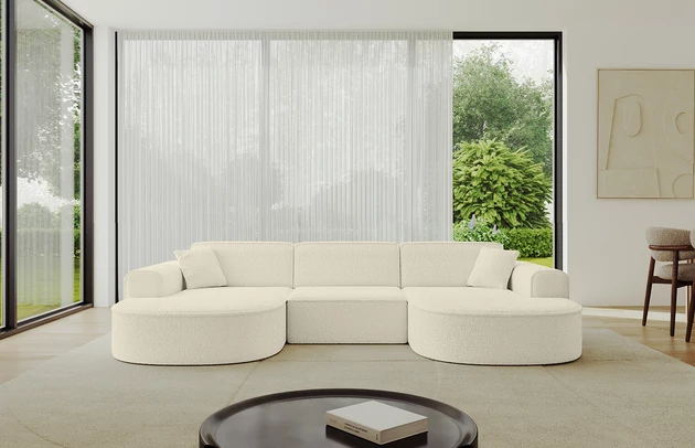 Bezug: Bouclé, Farbe: Beige - Quelle 02, Stellvariante: U-Form, Stoffbeschreibung: Polsterstoff Quelle: hochwertiger Bouclé Stoff, strapazierfähig, atmungsaktiv und pflegeleicht. (80.000 Martindale-Zyklen) 100 % PES, pillingarm(4-5), Gewicht 315 g/m² ±5 %, Materialzusammensetzung: 100% Polyseter, Pilling Resistenz: 5, Abriebfestigkeit: 5, Scheuerbeständigkeit: 80000 Martindale-Zyklen, Ausstattung: Kissen, Zimmer: Wohnzimmer, Tiefe: 171 cm, Breite: 303 cm, Höhe: 79,5 cm, Anzahl der Sitzflächen: 4, Sitzfüllung: Wellenfeder + HR35 und T30-Schaum, Art der Rückenkissen: Rückenlehne - feste, Annzahl der Sitzkissen: 3, Anzahl der Zierkissen: 2, Breite der Armlehnen: 20 cm, Höhe der Armlehnen: 58 cm, Breite der Ottomane: 109 cm, Tiefe der Ottomane: 151 cm, Tiefe der Sitzfläche: 62 cm, Sitzhöhe: 43,5 cm, Schlaffunktion: Ohne Schlaffunktion - 1