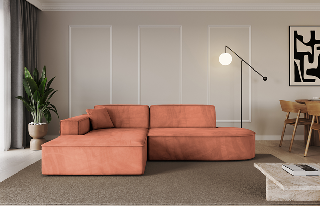 Bezug: Samt, Farbe: Apricot - Dream Velvet 202.07, Stellvariante: Ottomane Links, Stoffbeschreibung: Polsterstoff Dream Velvet: Wasserabweisender und leicht zu reinigender Möbelstoff, scheuerfest (30.000 Martindale-Zyklen) lichtecht (6) und pillingarm (4-5), aus 100 % PES, Gewicht 360 g/m2 ±5 %, Materialzusammensetzung: 100% Polyseter, Pilling Resistenz: 4.maj, Abriebfestigkeit: 5, Scheuerbeständigkeit: 30000 Martindale-Zyklen, Ausstattung: Kissen, Zimmer: Wohnzimmer, Tiefe: 165 cm, Breite: 232 cm, Höhe: 77 cm, Anzahl der Sitzflächen: 3, Sitzfüllung: Wellenfeder + T30-Schaum, Art der Rückenkissen: Rückenlehne - feste, Annzahl der Sitzkissen: 2, Anzahl der Zierkissen: 1, Breite der Armlehnen: 25 cm, Höhe der Armlehnen: 58 cm, Breite der Ottomane: 108 cm, Tiefe der Ottomane: 143 cm, Tiefe der Sitzfläche: 62 cm, Sitzhöhe: 41 cm, Schlaffunktion: Ohne Schlaffunktion - 1