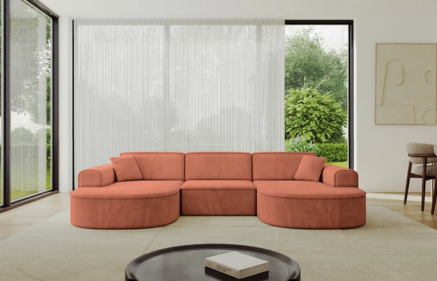 Bezug: Samt, Farbe: Apricot - Dream Velvet 202.07, Stellvariante: U-Form, Stoffbeschreibung: Polsterstoff Dream Velvet: Wasserabweisender und leicht zu reinigender Möbelstoff, scheuerfest (30.000 Martindale-Zyklen) lichtecht (6) und pillingarm (4-5), aus 100 % PES, Gewicht 360 g/m2 ±5 %, Materialzusammensetzung: 100% Polyseter, Pilling Resistenz: 4-5, Abriebfestigkeit: 5, Scheuerbeständigkeit: 30000 Martindale-Zyklen, Ausstattung: Kissen, Zimmer: Wohnzimmer, Tiefe: 171 cm, Breite: 303 cm, Höhe: 79,5 cm, Anzahl der Sitzflächen: 4, Sitzfüllung: Wellenfeder + HR35 und T30-Schaum, Art der Rückenkissen: Rückenlehne - feste, Annzahl der Sitzkissen: 3, Anzahl der Zierkissen: 2, Breite der Armlehnen: 20 cm, Höhe der Armlehnen: 58 cm, Breite der Ottomane: 109 cm, Tiefe der Ottomane: 151 cm, Tiefe der Sitzfläche: 62 cm, Sitzhöhe: 43,5 cm, Schlaffunktion: Ohne Schlaffunktion - 1