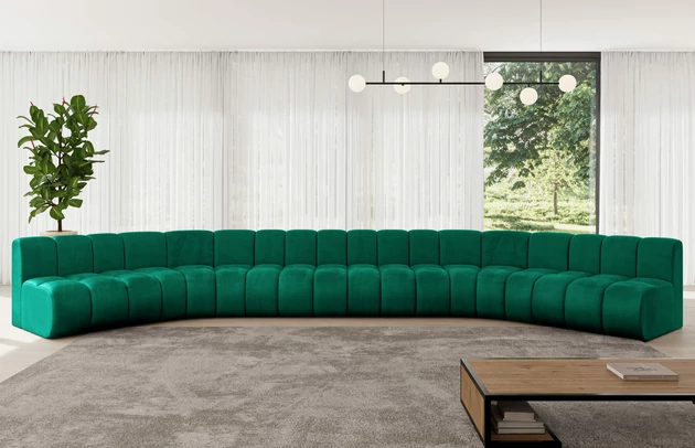 Bezug: Samt, Farbe: Dunkelgrün - Monolith 37, Stellvariante: U-Form, Stoffbeschreibung: MONOLITH: Wasserabweisender und leicht zu reinigender Möbelstoff, scheuerfest (100.000 Martindale-Zyklen) lichtecht (5) und pillingarm (4-5), aus 100 % PES, Gewicht 330 g/m2 ±5 %, Materialzusammensetzung: 100% Polyseter, Pilling Resistenz: 4, Abriebfestigkeit: 5, Scheuerbeständigkeit: 100000 Martindale-Zyklen, Zimmer: Wohnzimmer, Tiefe: 174 cm, Breite: 581 cm, Höhe: 70 cm, Anzahl der Sitzflächen: 8, Sitzfüllung: Wellenfeder, Art der Rückenkissen: Rückenlehne - feste, Tiefe der Sitzfläche: 62 cm, Sitzhöhe: 40 cm, Schlaffunktion: Ohne Schlaffunktion - 1
