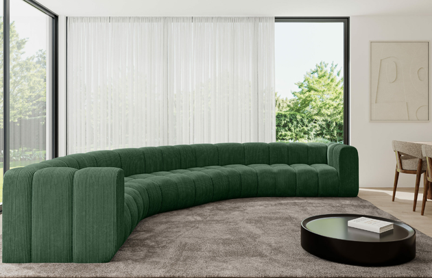 Bezug: Cord, Farbe: Grün - Poso 14, Stellvariante: U-Form, Stoffbeschreibung: POSO ist ein angenehm anzufühlender Velours mit Kordstruktur (35000 MartindaleZyklen) und leicht zu reinigender Möbellstoff, lichtecht (5) und pillingarm (5), Gewicht 380 g/m2 ±5%, Materialzusammensetzung: 90% Polyseter, 10% Nylon, Pilling Resistenz: 5, Abriebfestigkeit: 5, Scheuerbeständigkeit: 30000 Martindale-Zyklen, Zimmer: Wohnzimmer, Tiefe: 373 cm, Breite: 373 cm, Höhe: 70 cm, Anzahl der Sitzflächen: 7, Sitzfüllung: Wellenfeder, Art der Rückenkissen: Rückenlehne - feste, Tiefe der Sitzfläche: 62 cm, Sitzhöhe: 40 cm, Schlaffunktion: Ohne Schlaffunktion - 1