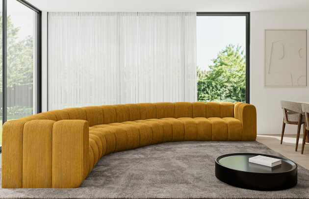 Bezug: Cord, Farbe: Senfgelb - Poso 42, Stellvariante: U-Form, Stoffbeschreibung: POSO ist ein angenehm anzufühlender Velours mit Kordstruktur (35000 MartindaleZyklen) und leicht zu reinigender Möbellstoff, lichtecht (5) und pillingarm (5), Gewicht 380 g/m2 ±5%, Materialzusammensetzung: 90% Polyseter, 10% Nylon, Pilling Resistenz: 5, Abriebfestigkeit: 5, Scheuerbeständigkeit: 30000 Martindale-Zyklen, Zimmer: Wohnzimmer, Tiefe: 373 cm, Breite: 373 cm, Höhe: 70 cm, Anzahl der Sitzflächen: 7, Sitzfüllung: Wellenfeder, Art der Rückenkissen: Rückenlehne - feste, Tiefe der Sitzfläche: 62 cm, Sitzhöhe: 40 cm, Schlaffunktion: Ohne Schlaffunktion - 1