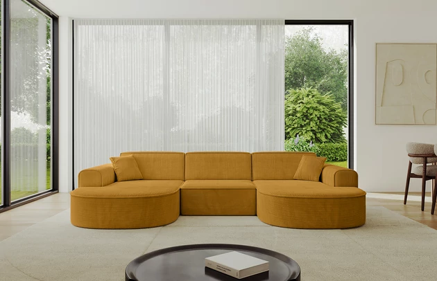 Bezug: Cord, Farbe: Senfgelb - Poso 42, Stellvariante: U-Form, Stoffbeschreibung: POSO ist ein angenehm anzufühlender Velours mit Kordstruktur (35000 MartindaleZyklen) und leicht zu reinigender Möbellstoff, lichtecht (5) und pillingarm (5), Gewicht 380 g/m2 ±5%, Materialzusammensetzung: 90% Polyseter, 10% Nylon, Pilling Resistenz: 5, Abriebfestigkeit: 5, Scheuerbeständigkeit: 30000 Martindale-Zyklen, Ausstattung: Kissen, Zimmer: Wohnzimmer, Tiefe: 171 cm, Breite: 303 cm, Höhe: 79,5 cm, Anzahl der Sitzflächen: 4, Sitzfüllung: Wellenfeder + HR35 und T30-Schaum, Art der Rückenkissen: Rückenlehne - feste, Annzahl der Sitzkissen: 3, Anzahl der Zierkissen: 2, Breite der Armlehnen: 20 cm, Höhe der Armlehnen: 58 cm, Breite der Ottomane: 109 cm, Tiefe der Ottomane: 151 cm, Tiefe der Sitzfläche: 62 cm, Sitzhöhe: 43,5 cm, Schlaffunktion: Ohne Schlaffunktion - 1