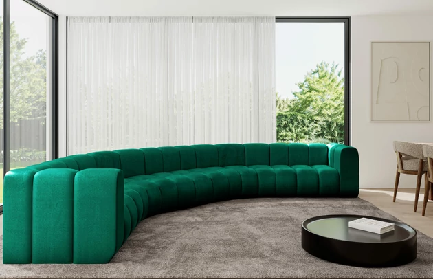 Bezug: Samt, Farbe: Dunkelgrün - Monolith 37, Stellvariante: U-Form, Stoffbeschreibung: MONOLITH: Wasserabweisender und leicht zu reinigender Möbelstoff, scheuerfest (100.000 Martindale-Zyklen) lichtecht (5) und pillingarm (4-5), aus 100 % PES, Gewicht 330 g/m2 ±5 %, Materialzusammensetzung: 100% Polyseter, Pilling Resistenz: 4, Abriebfestigkeit: 5, Scheuerbeständigkeit: 100000 Martindale-Zyklen, Zimmer: Wohnzimmer, Tiefe: 373 cm, Breite: 373 cm, Höhe: 70 cm, Anzahl der Sitzflächen: 7, Sitzfüllung: Wellenfeder, Art der Rückenkissen: Rückenlehne - feste, Tiefe der Sitzfläche: 62 cm, Sitzhöhe: 40 cm, Schlaffunktion: Ohne Schlaffunktion - 1