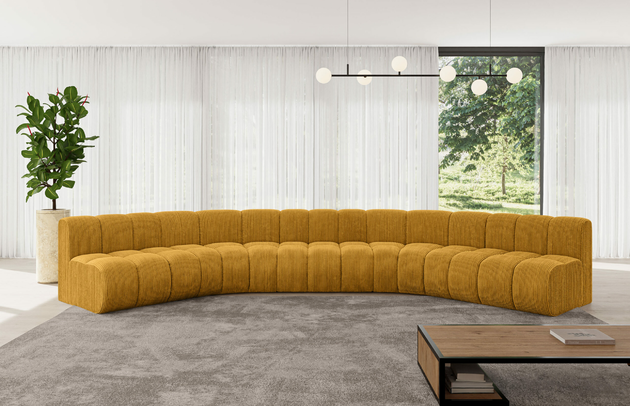 Bezug: Cord, Farbe: Senfgelb - Poso 42, Stellvariante: U-Form, Stoffbeschreibung: POSO ist ein angenehm anzufühlender Velours mit Kordstruktur (35000 MartindaleZyklen) und leicht zu reinigender Möbellstoff, lichtecht (5) und pillingarm (5), Gewicht 380 g/m2 ±5%, Materialzusammensetzung: 90% Polyseter, 10% Nylon, Pilling Resistenz: 5, Abriebfestigkeit: 5, Scheuerbeständigkeit: 30000 Martindale-Zyklen, Zimmer: Wohnzimmer, Tiefe: 174 cm, Breite: 490 cm, Höhe: 70 cm, Anzahl der Sitzflächen: 7, Sitzfüllung: Wellenfeder, Art der Rückenkissen: Rückenlehne - feste, Tiefe der Sitzfläche: 62 cm, Sitzhöhe: 40 cm, Schlaffunktion: Ohne Schlaffunktion - 1