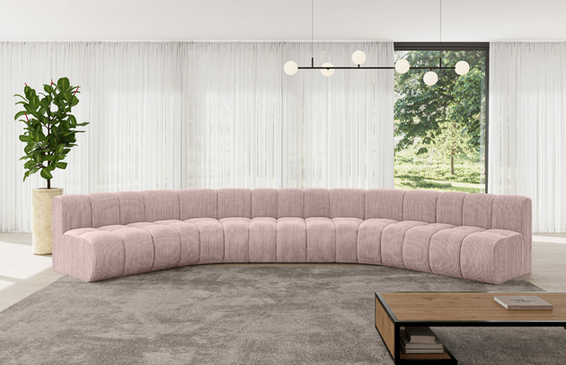 Bezug: Cord, Farbe: Rosa - Poso 145, Stellvariante: U-Form, Stoffbeschreibung: POSO ist ein angenehm anzufühlender Velours mit Kordstruktur (35000 MartindaleZyklen) und leicht zu reinigender Möbellstoff, lichtecht (5) und pillingarm (5), Gewicht 380 g/m2 ±5%, Materialzusammensetzung: 90% Polyseter, 10% Nylon, Pilling Resistenz: 5, Abriebfestigkeit: 5, Scheuerbeständigkeit: 30000 Martindale-Zyklen, Zimmer: Wohnzimmer, Tiefe: 174 cm, Breite: 490 cm, Höhe: 70 cm, Anzahl der Sitzflächen: 7, Sitzfüllung: Wellenfeder, Art der Rückenkissen: Rückenlehne - feste, Tiefe der Sitzfläche: 62 cm, Sitzhöhe: 40 cm, Schlaffunktion: Ohne Schlaffunktion - 1