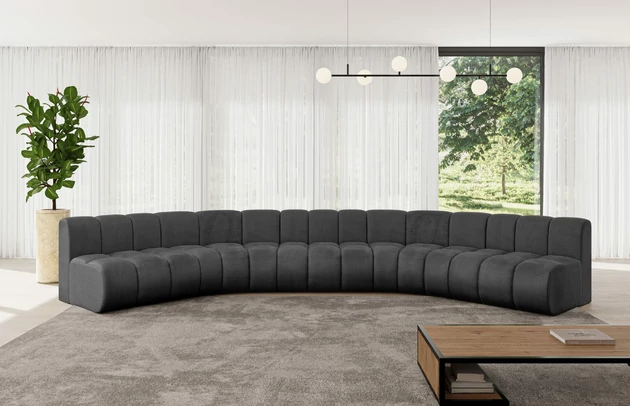 Bezug: Samt, Farbe: Schwarz - Monolith 95, Stellvariante: U-Form, Stoffbeschreibung: MONOLITH: Wasserabweisender und leicht zu reinigender Möbelstoff, scheuerfest (100.000 Martindale-Zyklen) lichtecht (5) und pillingarm (4-5), aus 100 % PES, Gewicht 330 g/m2 ±5 %, Materialzusammensetzung: 100% Polyseter, Pilling Resistenz: 4, Abriebfestigkeit: 5, Scheuerbeständigkeit: 100000 Martindale-Zyklen, Zimmer: Wohnzimmer, Tiefe: 174 cm, Breite: 490 cm, Höhe: 70 cm, Anzahl der Sitzflächen: 7, Sitzfüllung: Wellenfeder, Art der Rückenkissen: Rückenlehne - feste, Tiefe der Sitzfläche: 62 cm, Sitzhöhe: 40 cm, Schlaffunktion: Ohne Schlaffunktion - 1