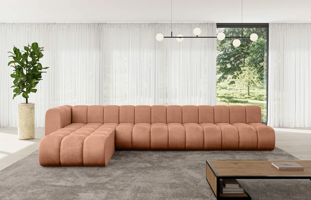 Bezug: Samt, Farbe: Apricot - Monolith 61, Stellvariante: Ottomane Links, Stoffbeschreibung: MONOLITH: Wasserabweisender und leicht zu reinigender Möbelstoff, scheuerfest (100.000 Martindale-Zyklen) lichtecht (5) und pillingarm (4-5), aus 100 % PES, Gewicht 330 g/m2 ±5 %, Materialzusammensetzung: 100% Polyseter, Pilling Resistenz: 4, Abriebfestigkeit: 5, Scheuerbeständigkeit: 100000 Martindale-Zyklen, Zimmer: Wohnzimmer, Tiefe: 177 cm, Breite: 387 cm, Höhe: 70 cm, Anzahl der Sitzflächen: 6, Sitzfüllung: Wellenfeder, Art der Rückenkissen: Rückenlehne - feste, Breite der Ottomane: 87 cm, Tiefe der Ottomane: 90 cm, Tiefe der Sitzfläche: 62 cm, Sitzhöhe: 40 cm, Schlaffunktion: Ohne Schlaffunktion - 1