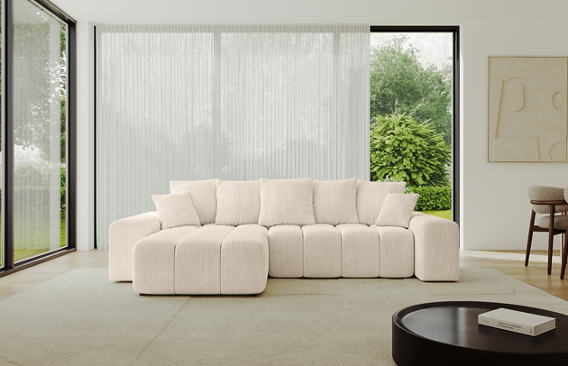 Bezug: Cord, Farbe: Beige - Poso 105, Stellvariante: Ottomane Links, Stoffbeschreibung: POSO ist ein angenehm anzufühlender Velours mit Kordstruktur (35000 MartindaleZyklen) und leicht zu reinigender Möbellstoff, lichtecht (5) und pillingarm (5), Gewicht 380 g/m2 ±5%, Materialzusammensetzung: 90% Polyseter, 10% Nylon, Pilling Resistenz: 5, Abriebfestigkeit: 4, Scheuerbeständigkeit: 30000 Martindale-Zyklen, Ausstattung: Kissen, Zimmer: Wohnzimmer, Tiefe: 189 cm, Breite: 297 cm, Höhe: 68 cm, Länge der Schlaffläche: 237 cm, Breite der Schlaffläche: 159 cm, Liegehöhe: 43 cm, Anzahl der Sitzflächen: 4, Sitzfüllung: Wellenfeder + HR35 und T30-Schaum, Anzahl der Rückenkissen: 5, Art der Rückenkissen: Rückenkissen, Annzahl der Sitzkissen: 2, Anzahl der Zierkissen: 2, Tiefe der Armlehnen: 124 cm, Breite der Armlehnen: 30 cm, Höhe der Armlehnen: 55 cm, Breite der Ottomane: 104 cm, Tiefe der Ottomane: 173 cm, Tiefe der Sitzfläche: 88 cm, Sitzhöhe: 45 cm, Art des Stauraumes: Innenfach geschlossen, Material der Füße: Kunststoff, Farbe der Füße: Schwarz, Schlaffunktion: Mit Schlaffunktion - 1