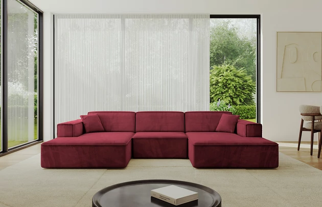 Bezug: Samt, Farbe: Bordeauxrot - Dream Velvet 202.11, Stellvariante: U-Form, Stoffbeschreibung: Polsterstoff Dream Velvet: Wasserabweisender und leicht zu reinigender Möbelstoff, scheuerfest (30.000 Martindale-Zyklen) lichtecht (6) und pillingarm (4-5), aus 100 % PES, Gewicht 360 g/m2 ±5 %, Materialzusammensetzung: 100% Polyseter, Pilling Resistenz: 4.maj, Abriebfestigkeit: 5, Scheuerbeständigkeit: 30000 Martindale-Zyklen, Ausstattung: Kissen, Zimmer: Wohnzimmer, Tiefe: 165 cm, Breite: 301 cm, Höhe: 80 cm, Anzahl der Sitzflächen: 4, Sitzfüllung: Wellenfeder + T30-Schaum, Art der Rückenkissen: Rückenlehne - feste, Annzahl der Sitzkissen: 3, Anzahl der Zierkissen: 2, Breite der Armlehnen: 25 cm, Höhe der Armlehnen: 58 cm, Breite der Ottomane: 108 cm, Tiefe der Ottomane: 143 cm, Tiefe der Sitzfläche: 62 cm, Sitzhöhe: 44 cm, Schlaffunktion: Ohne Schlaffunktion - 1