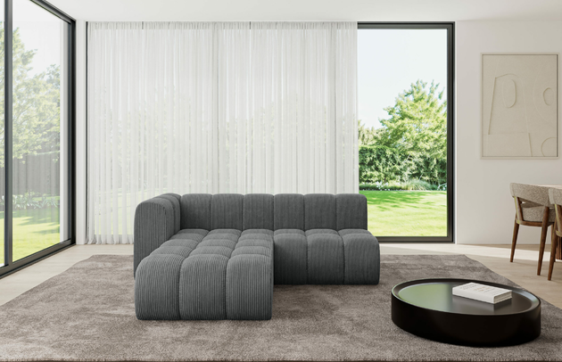 Bezug: Cord, Farbe: Dunkelgrau - Poso 115, Stellvariante: Ottomane Links, Stoffbeschreibung: POSO ist ein angenehm anzufühlender Velours mit Kordstruktur (35000 MartindaleZyklen) und leicht zu reinigender Möbellstoff, lichtecht (5) und pillingarm (5), Gewicht 380 g/m2 ±5%, Materialzusammensetzung: 90% Polyseter, 10% Nylon, Pilling Resistenz: 5, Abriebfestigkeit: 5, Scheuerbeständigkeit: 30000 Martindale-Zyklen, Zimmer: Wohnzimmer, Tiefe: 177 cm, Breite: 205 cm, Höhe: 70 cm, Anzahl der Sitzflächen: 4, Sitzfüllung: Wellenfeder, Art der Rückenkissen: Rückenlehne - feste, Breite der Ottomane: 87 cm, Tiefe der Ottomane: 90 cm, Tiefe der Sitzfläche: 62 cm, Sitzhöhe: 40 cm, Schlaffunktion: Ohne Schlaffunktion - 1