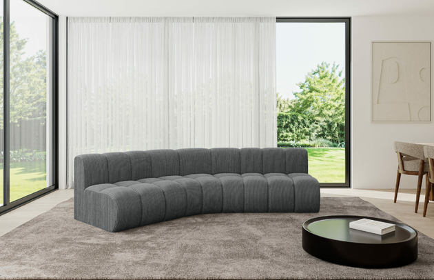 Bezug: Cord, Farbe: Dunkelgrau - Poso 115, Stellvariante: Abgerundete Ecke, Stoffbeschreibung: POSO ist ein angenehm anzufühlender Velours mit Kordstruktur (35000 MartindaleZyklen) und leicht zu reinigender Möbellstoff, lichtecht (5) und pillingarm (5), Gewicht 380 g/m2 ±5%, Materialzusammensetzung: 90% Polyseter, 10% Nylon, Pilling Resistenz: 5, Abriebfestigkeit: 5, Scheuerbeständigkeit: 30000 Martindale-Zyklen, Zimmer: Wohnzimmer, Tiefe: 174 cm, Breite: 290 cm, Höhe: 70 cm, Anzahl der Sitzflächen: 5, Sitzfüllung: Wellenfeder, Art der Rückenkissen: Rückenlehne - feste, Tiefe der Sitzfläche: 62 cm, Sitzhöhe: 40 cm, Schlaffunktion: Ohne Schlaffunktion - 1