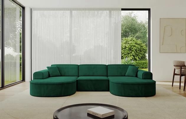 Bezug: Samt, Farbe: Dunkelgrün - Dream Velvet 202.31, Stellvariante: U-Form, Stoffbeschreibung: Polsterstoff Dream Velvet: Wasserabweisender und leicht zu reinigender Möbelstoff, scheuerfest (30.000 Martindale-Zyklen) lichtecht (6) und pillingarm (4-5), aus 100 % PES, Gewicht 360 g/m2 ±5 %, Materialzusammensetzung: 100% Polyseter, Pilling Resistenz: 4-5, Abriebfestigkeit: 5, Scheuerbeständigkeit: 30000 Martindale-Zyklen, Ausstattung: Kissen, Zimmer: Wohnzimmer, Tiefe: 171 cm, Breite: 303 cm, Höhe: 79,5 cm, Anzahl der Sitzflächen: 4, Sitzfüllung: Wellenfeder + HR35 und T30-Schaum, Art der Rückenkissen: Rückenlehne - feste, Annzahl der Sitzkissen: 3, Anzahl der Zierkissen: 2, Breite der Armlehnen: 20 cm, Höhe der Armlehnen: 58 cm, Breite der Ottomane: 109 cm, Tiefe der Ottomane: 151 cm, Tiefe der Sitzfläche: 62 cm, Sitzhöhe: 43,5 cm, Schlaffunktion: Ohne Schlaffunktion - 1